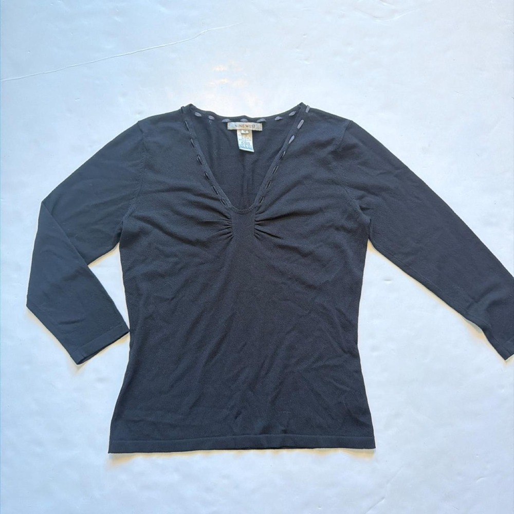 Nine West Black 3/4 Sleeve Whimsygoth Blouse Ruched Lace Neck 90s Vintage Medium